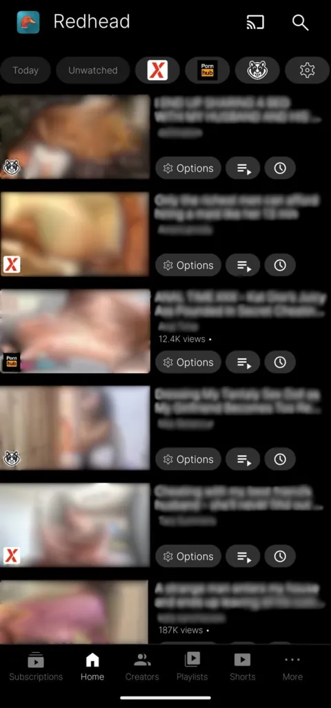 Redhead's home feed, thumbnails blurred